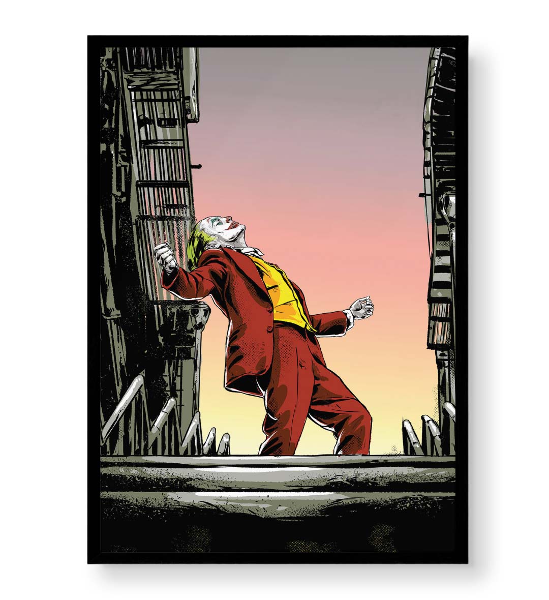 Joker’s Sunset Dance cinematic wall art with red suit and sunset sky for Indian home decor.