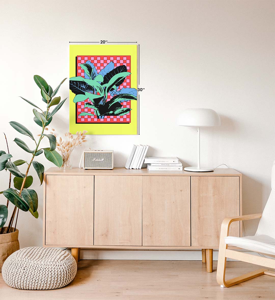 Tropical pop canvas wall art with leaves and checkered background, perfect for modern Indian home decor.