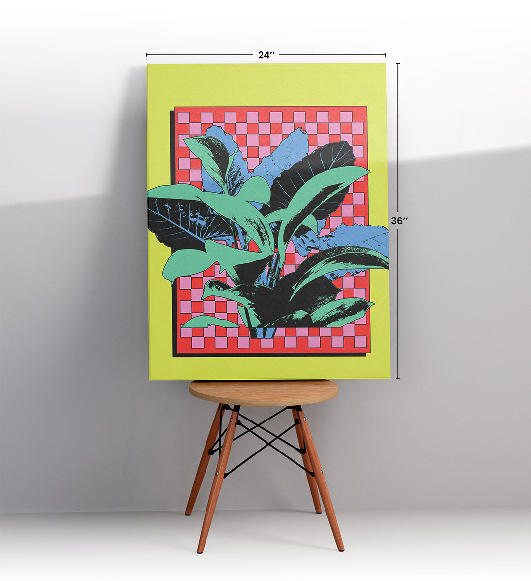 Tropical pop canvas wall art with leaves and checkered background, perfect for modern Indian home decor.