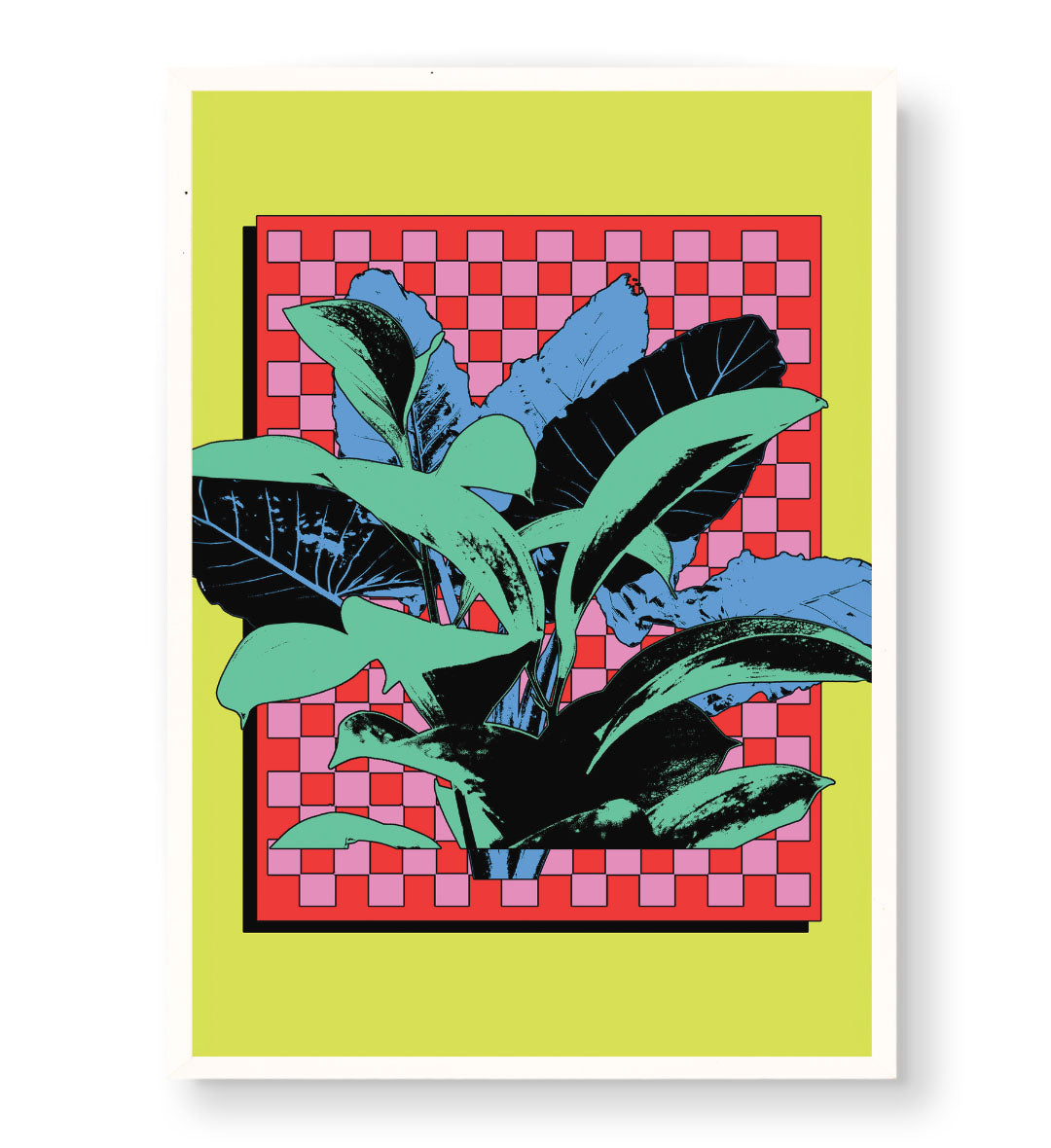Tropical pop canvas wall art with leaves and checkered background, perfect for modern Indian home decor.