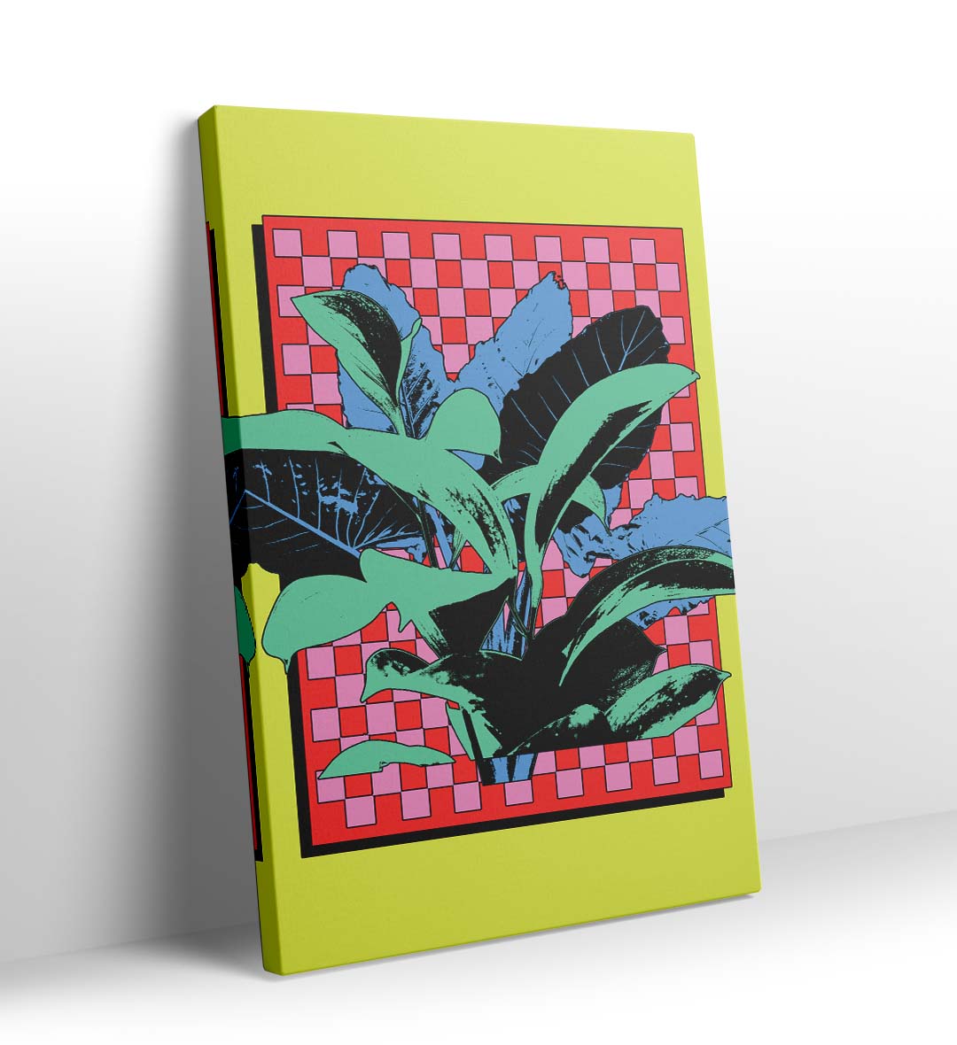 Tropical pop canvas wall art with leaves and checkered background, perfect for modern Indian home decor.