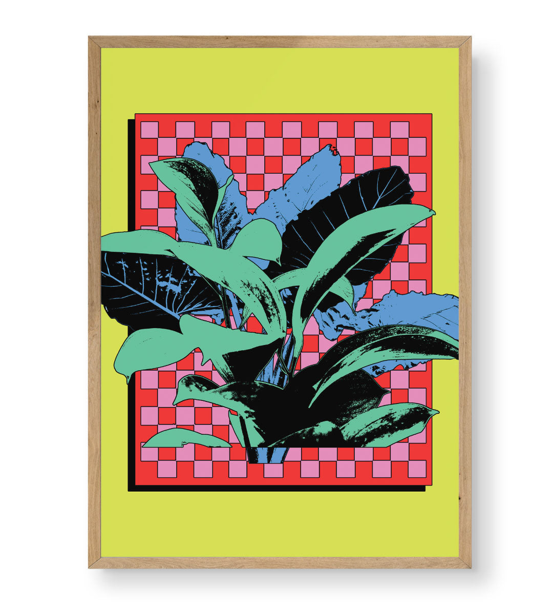 Tropical pop canvas wall art with leaves and checkered background, perfect for modern Indian home decor.