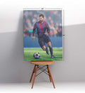 Lionel Messi canvas wall art in Barcelona jersey, perfect for modern Indian sports home decor.