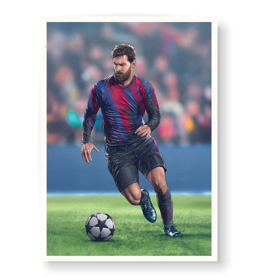 Lionel Messi canvas wall art in Barcelona jersey, perfect for modern Indian sports home decor.