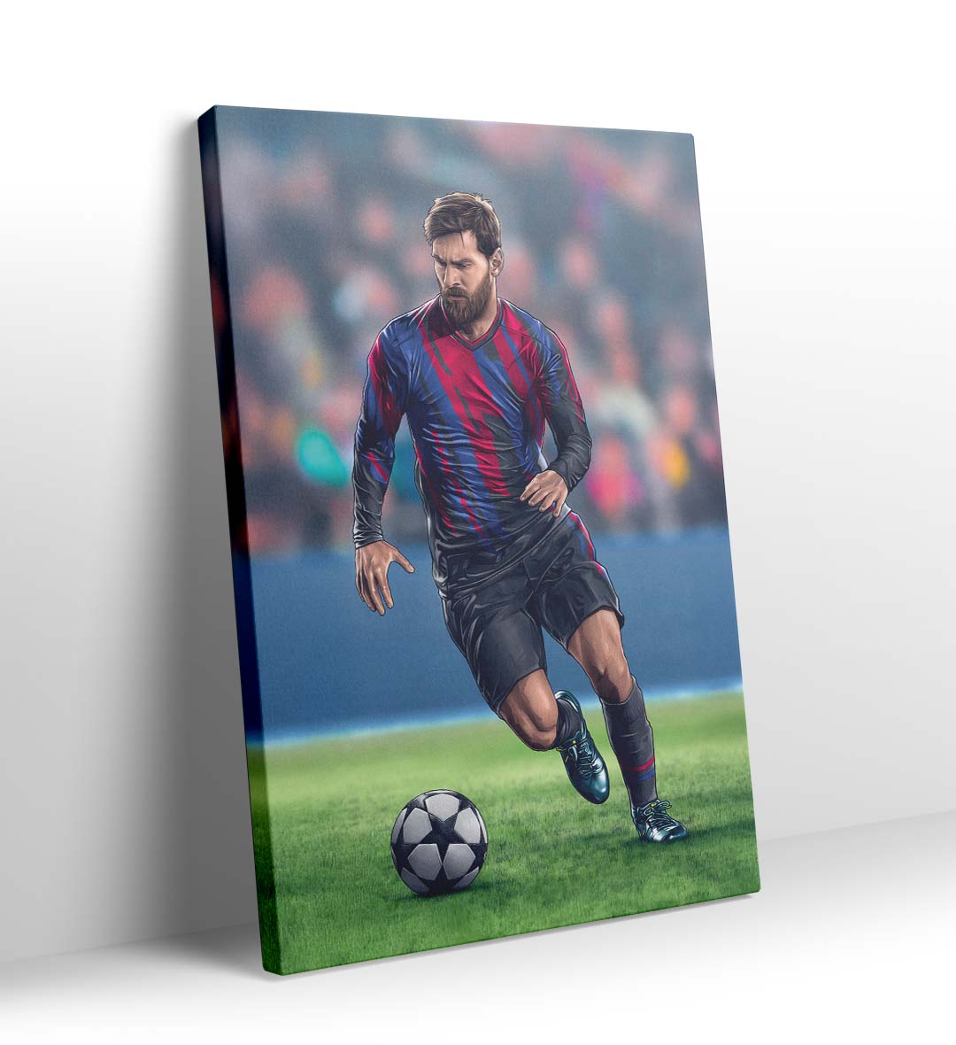 Lionel Messi canvas wall art in Barcelona jersey, perfect for modern Indian sports home decor.