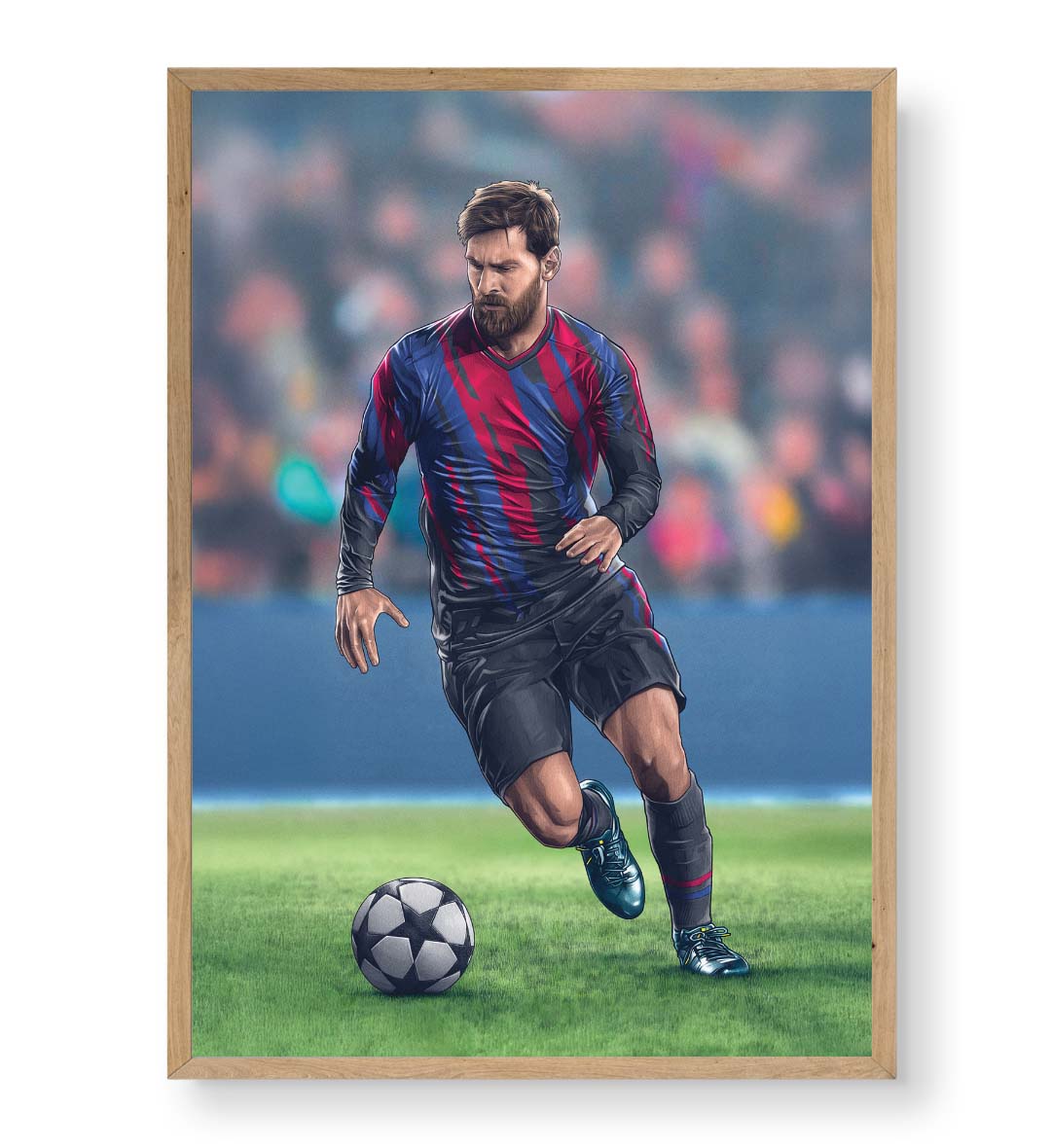 Lionel Messi canvas wall art in Barcelona jersey, perfect for modern Indian sports home decor.