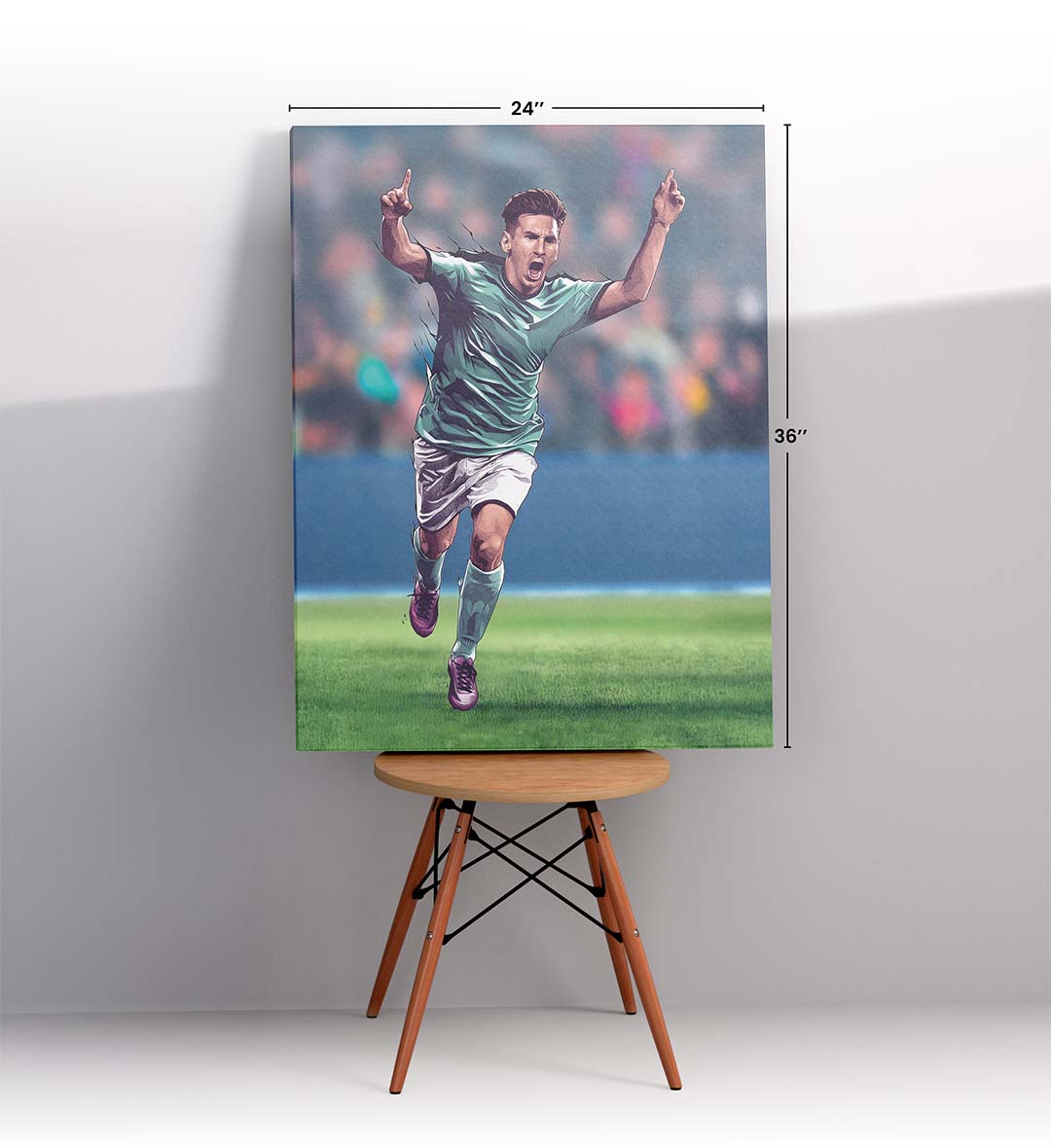 Lionel Messi canvas wall art in Argentina jersey celebrating, ideal for modern Indian sports home decor.