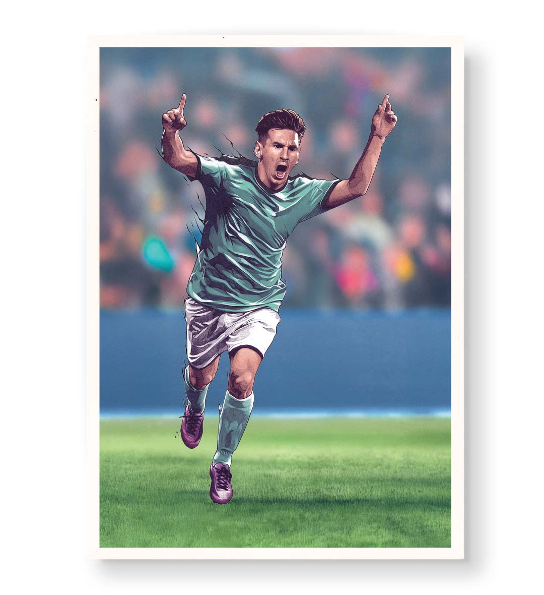 Lionel Messi canvas wall art in Argentina jersey celebrating, ideal for modern Indian sports home decor.