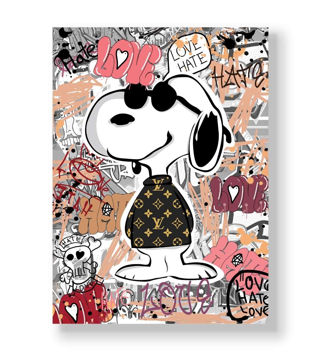 Snoopy wearing sunglasses and luxury monogram shirt against graffiti background canvas art.