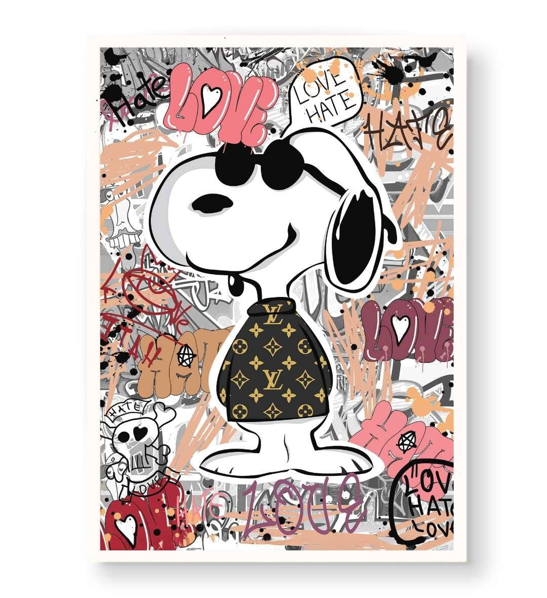 Modern bedroom decor featuring colorful Snoopy street art canvas.