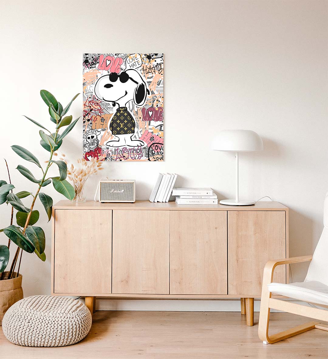 Side view of Love Hate Snoopy canvas showing sturdy wooden frame depth.