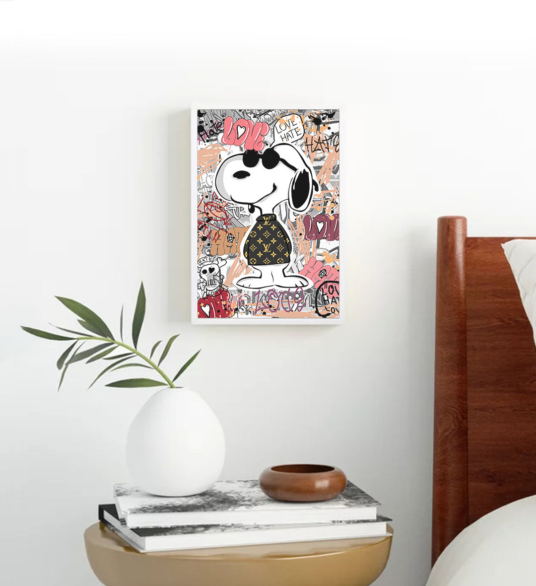 Edgy living room setup with luxury fashion inspired cartoon art.