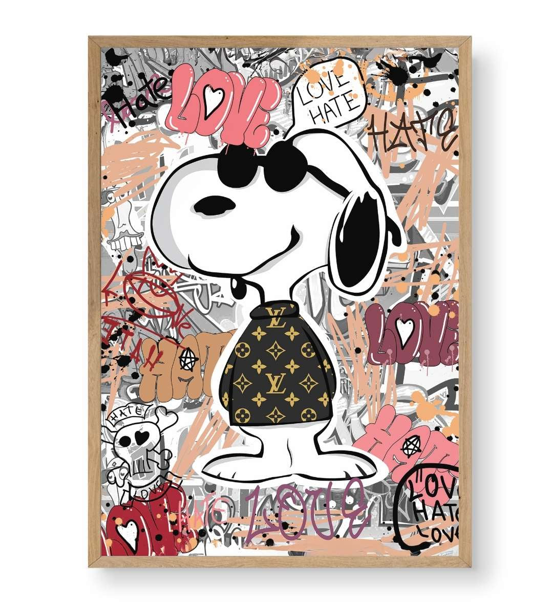 Hallway display with framed Love Hate Snoopy art by Artlier.