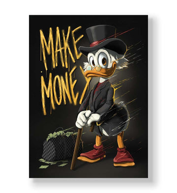 Scrooge McDuck standing with money bag and gold Make Money graffiti canvas art.