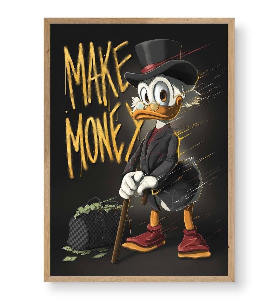 Entryway decor idea with framed Scrooge pop art canvas by Artlier.