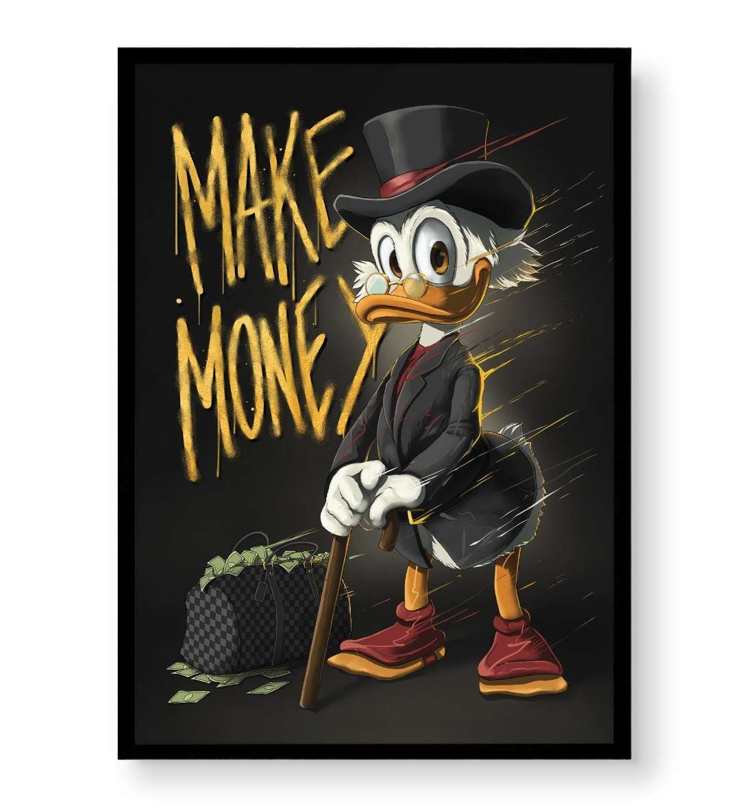 Bachelor pad bedroom decor with Make Money Scrooge canvas print.