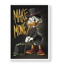 Modern entrepreneur office desk setup with Scrooge McDuck motivational wall art.