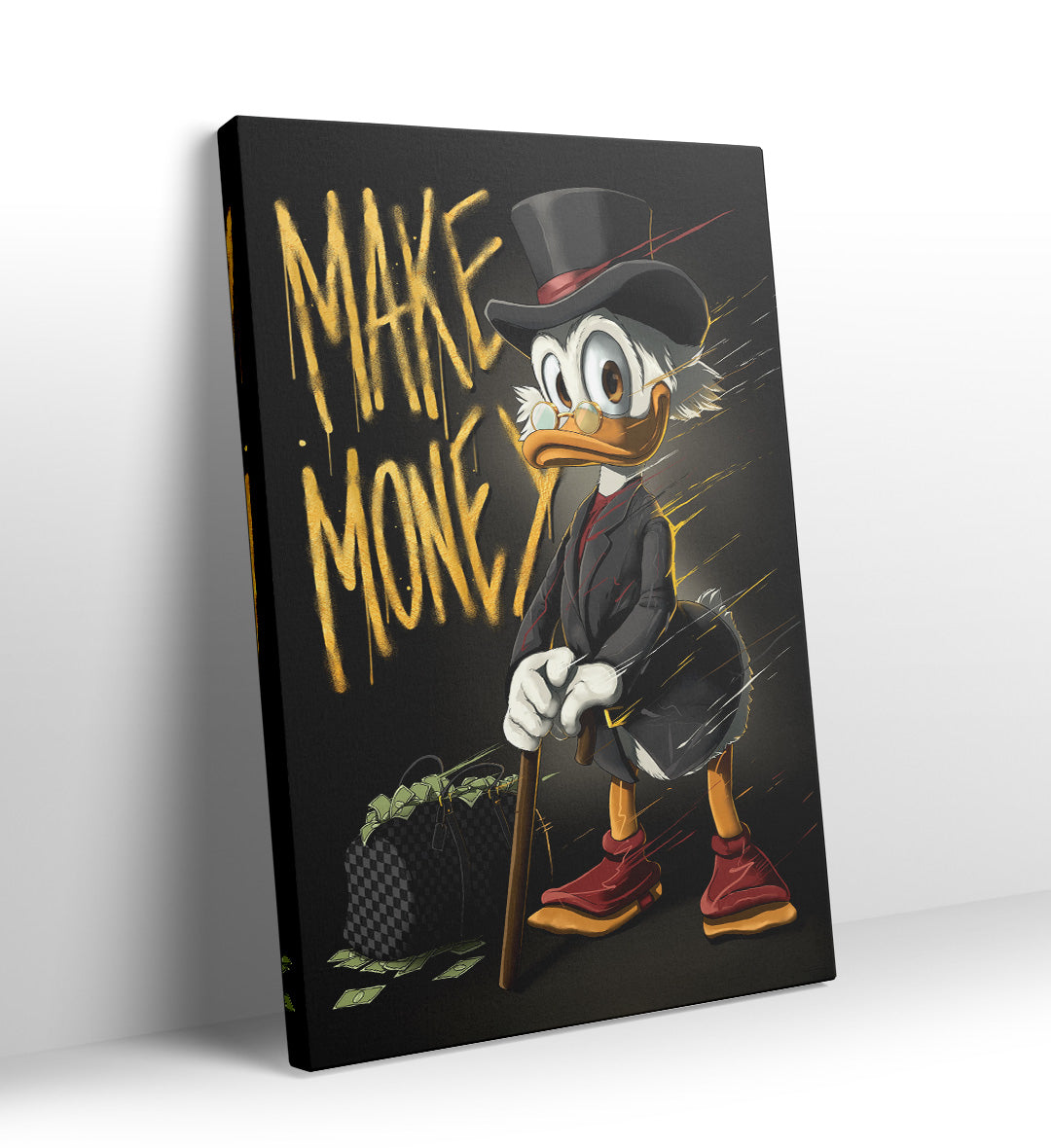 Scrooge McDuck standing with money bag and gold Make Money graffiti canvas art.
