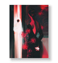 Woman in black dress looking at a white ballerina reflection with glowing red roses canvas wall art.