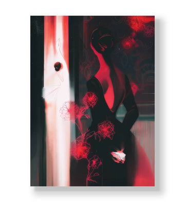 Woman in black dress looking at a white ballerina reflection with glowing red roses canvas wall art.