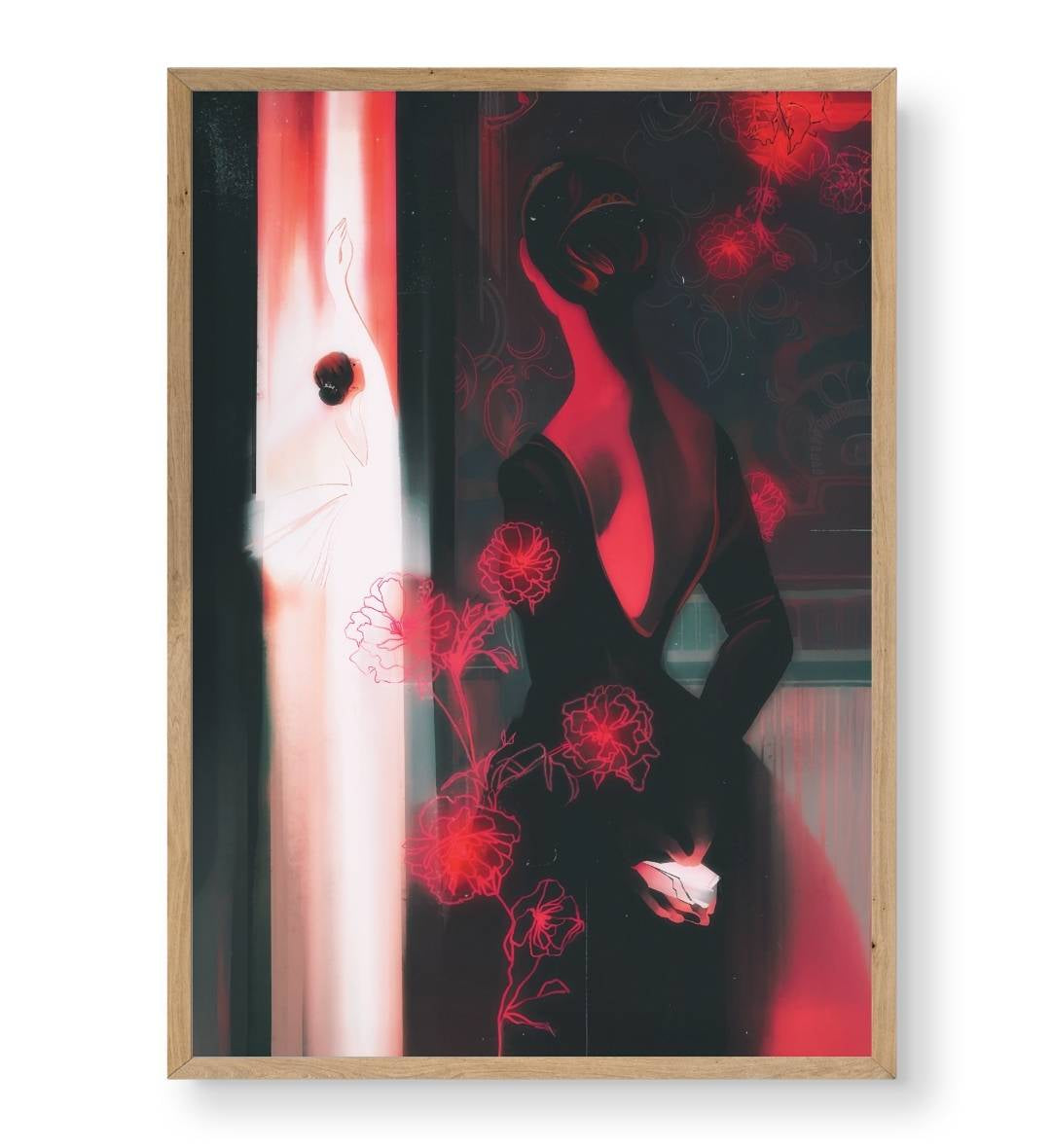 Hallway display with framed Midnight Ballerina Reflection art by Artlier.