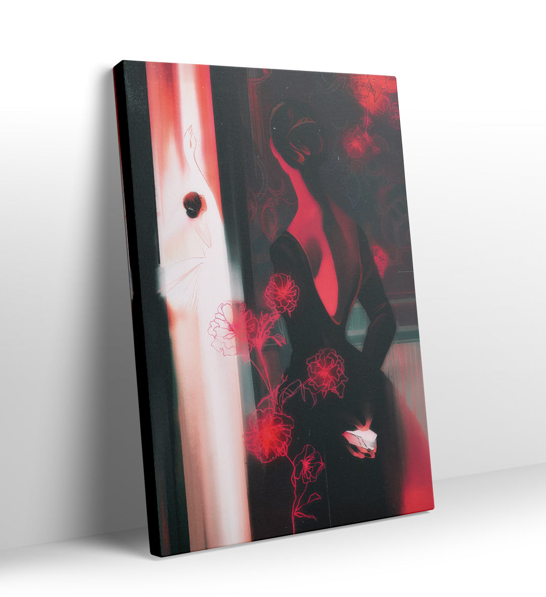 Woman in black dress looking at a white ballerina reflection with glowing red roses canvas wall art.