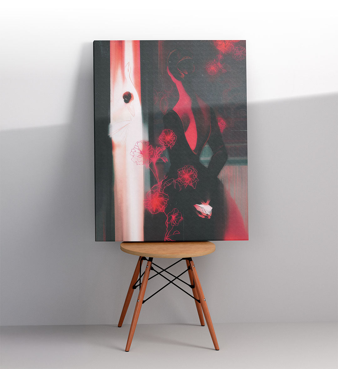 Modern gothic living room with glowing floral art illustration.