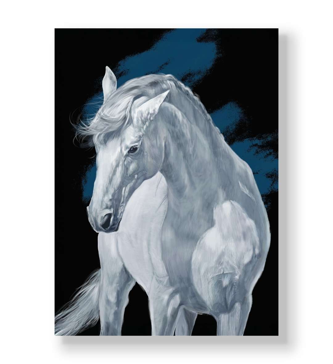 White horse portrait against dark blue and black background canvas wall art.