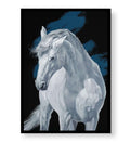 Minimalist office space with powerful stallion wall hanging.
