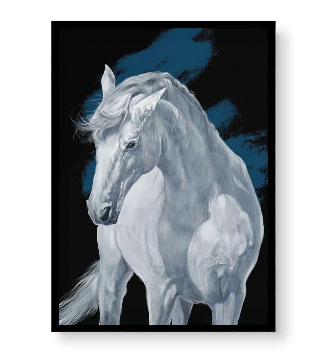 Minimalist office space with powerful stallion wall hanging.