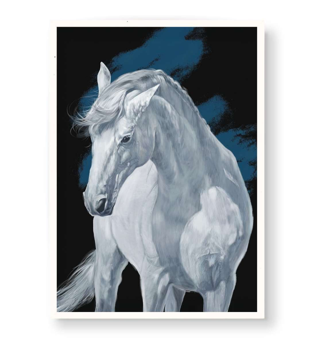 Elegant living room decor with majestic white horse wall art.