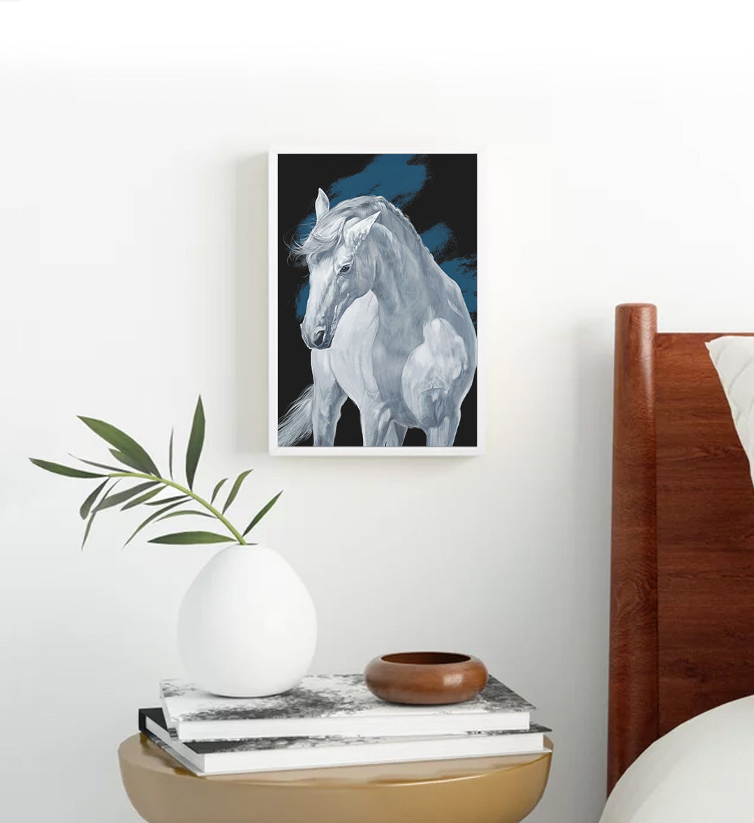 Modern bedroom styled with serene animal portrait canvas print.