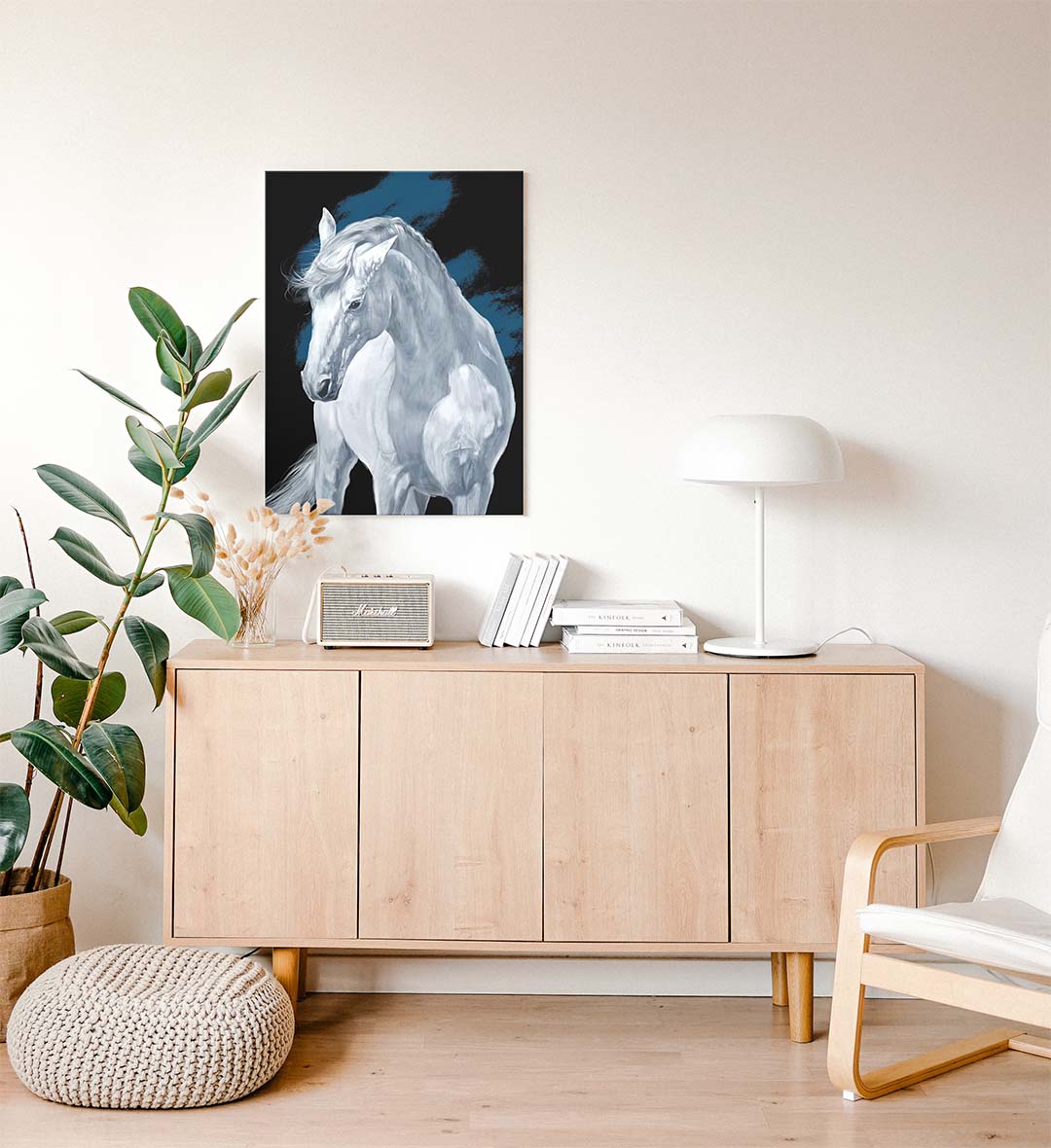 Side view of Midnight Blue Stallion canvas showing gallery wrap depth.