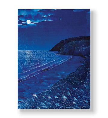 Moonlit beach landscape with swaying grass and dark cliffs canvas wall art.