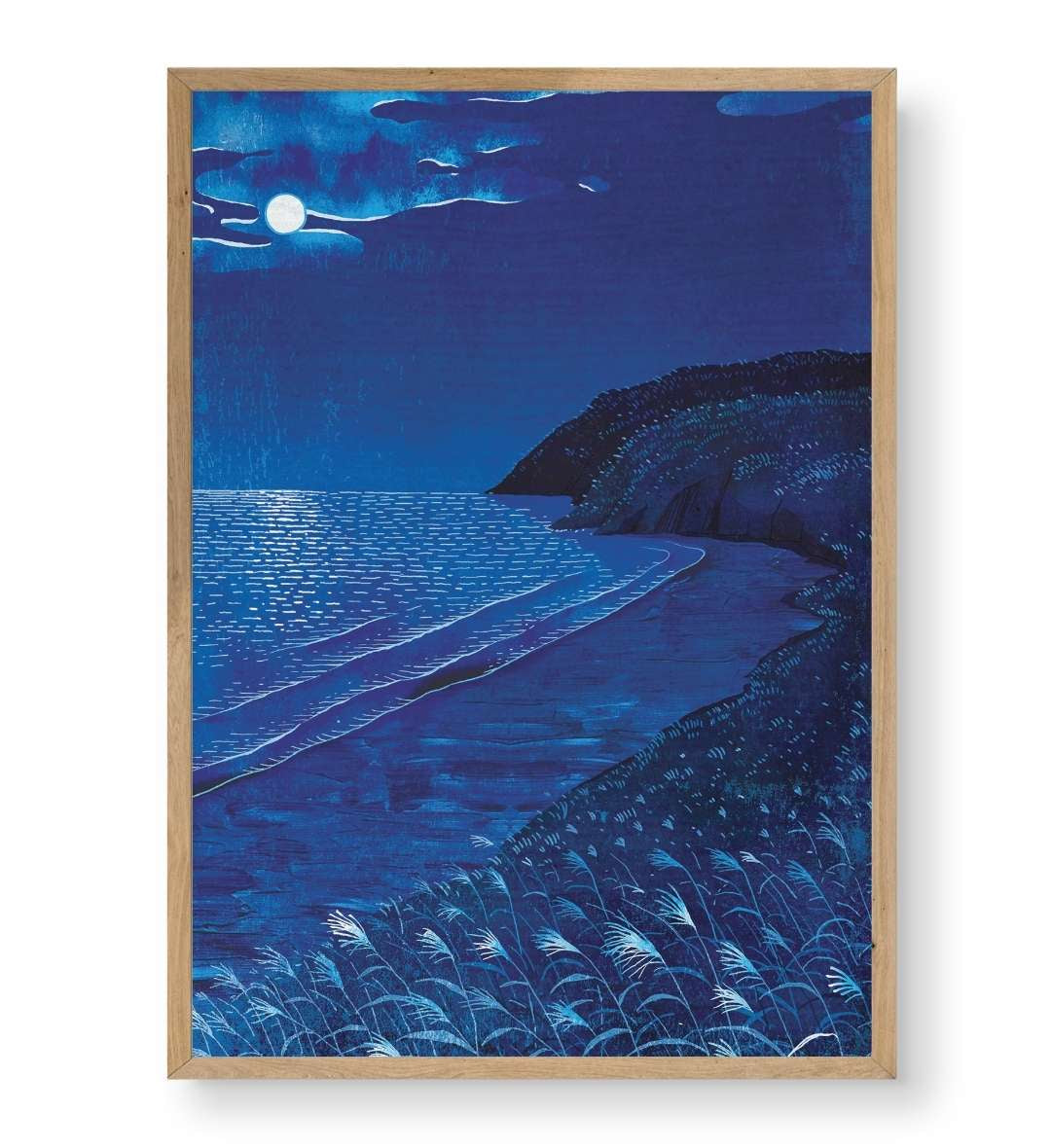 Hallway display with framed Midnight Coastal Breeze art by Artlier.