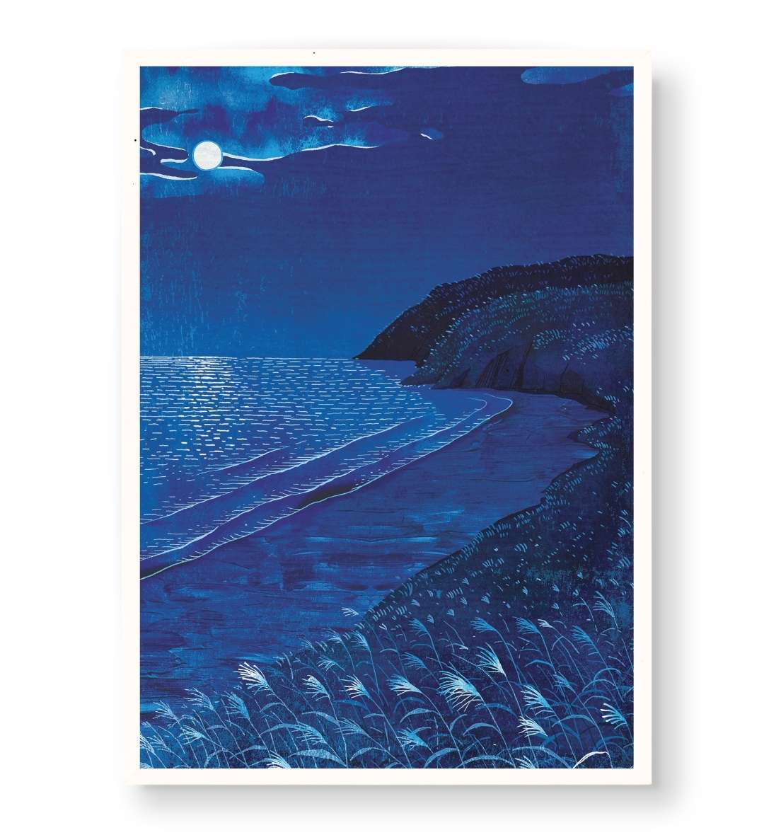 Calm bedroom decor featuring deep blue night seascape wall art.