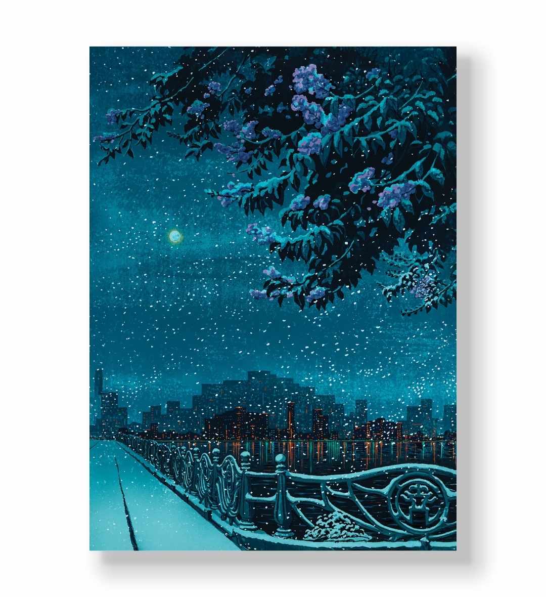 Snowy city skyline at night with purple flowers and bridge railing canvas wall art.