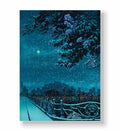 Snowy city skyline at night with purple flowers and bridge railing canvas wall art.