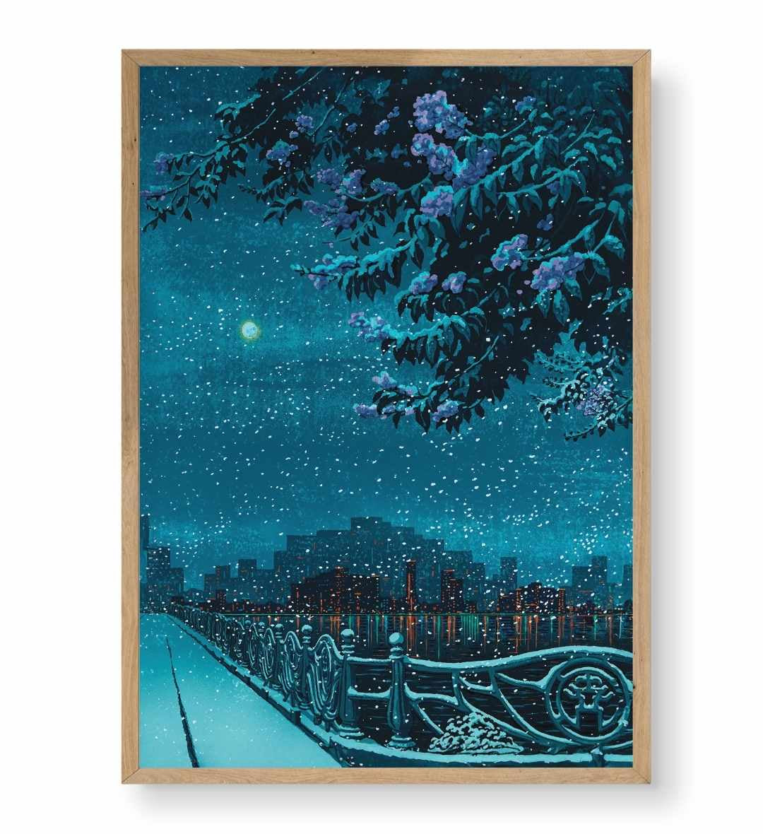 Hallway gallery wall idea including Midnight Snowfall City art by Artlier.