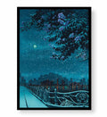 Calm workspace with snowy scenery illustration wall hanging.