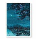 Modern living room decor featuring serene winter night landscape wall art.