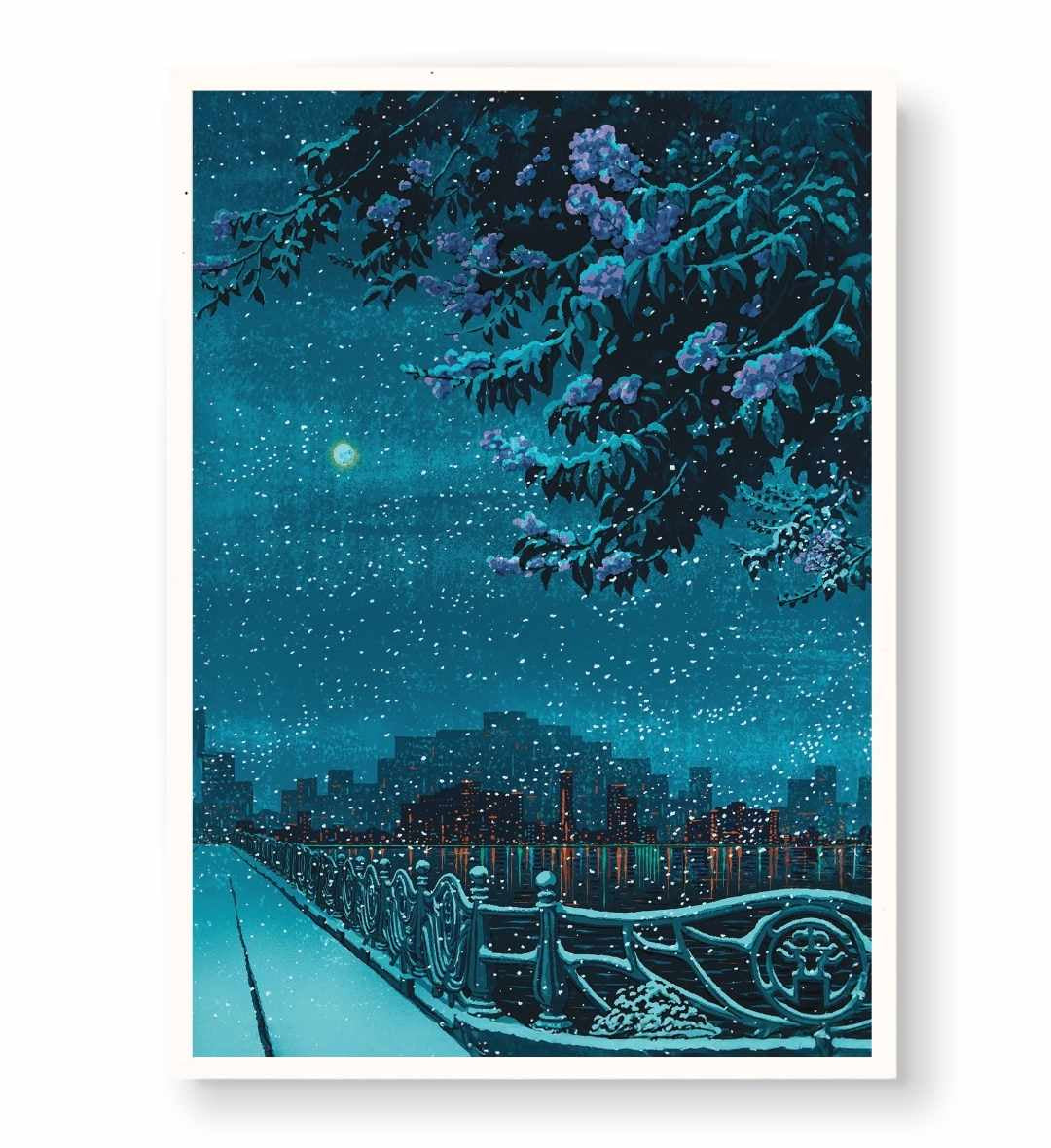 Modern living room decor featuring serene winter night landscape wall art.