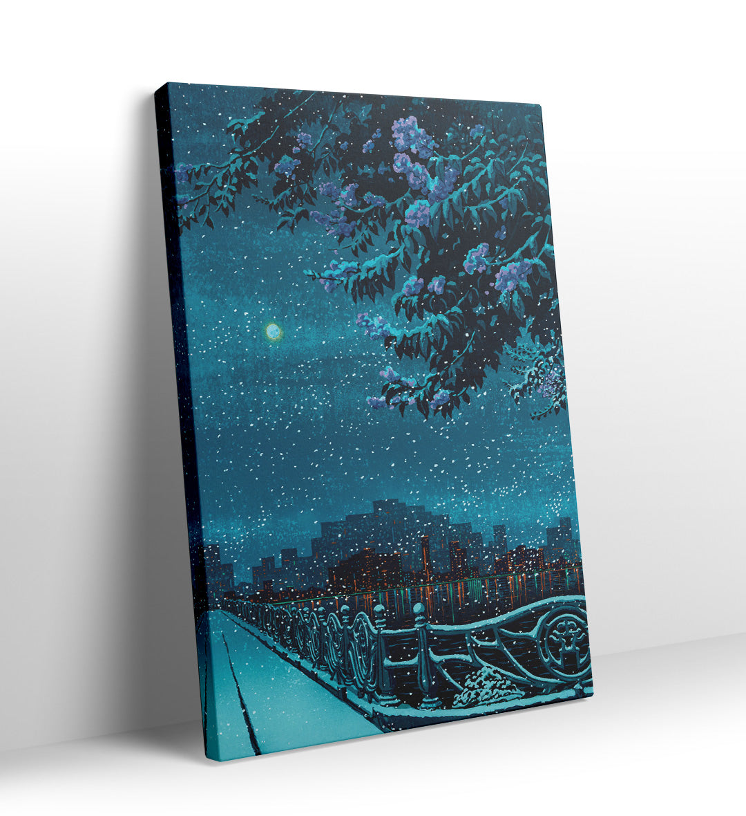 Snowy city skyline at night with purple flowers and bridge railing canvas wall art.