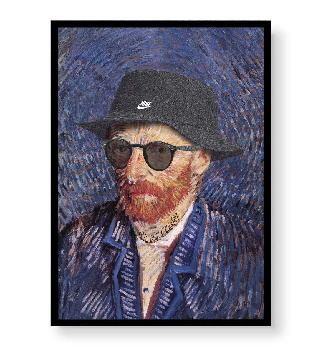 Vincent Van Gogh parody canvas wall art with Nike bucket hat and sunglasses, ideal for modern Indian home decor.