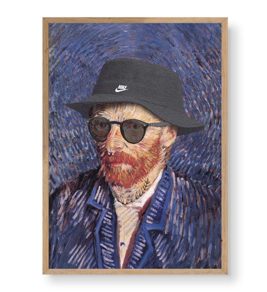 Vincent Van Gogh parody canvas wall art with Nike bucket hat and sunglasses, ideal for modern Indian home decor.
