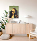 Mona Lisa in Vogue with modern sunglasses and leather gloves wall art for Indian home decor.