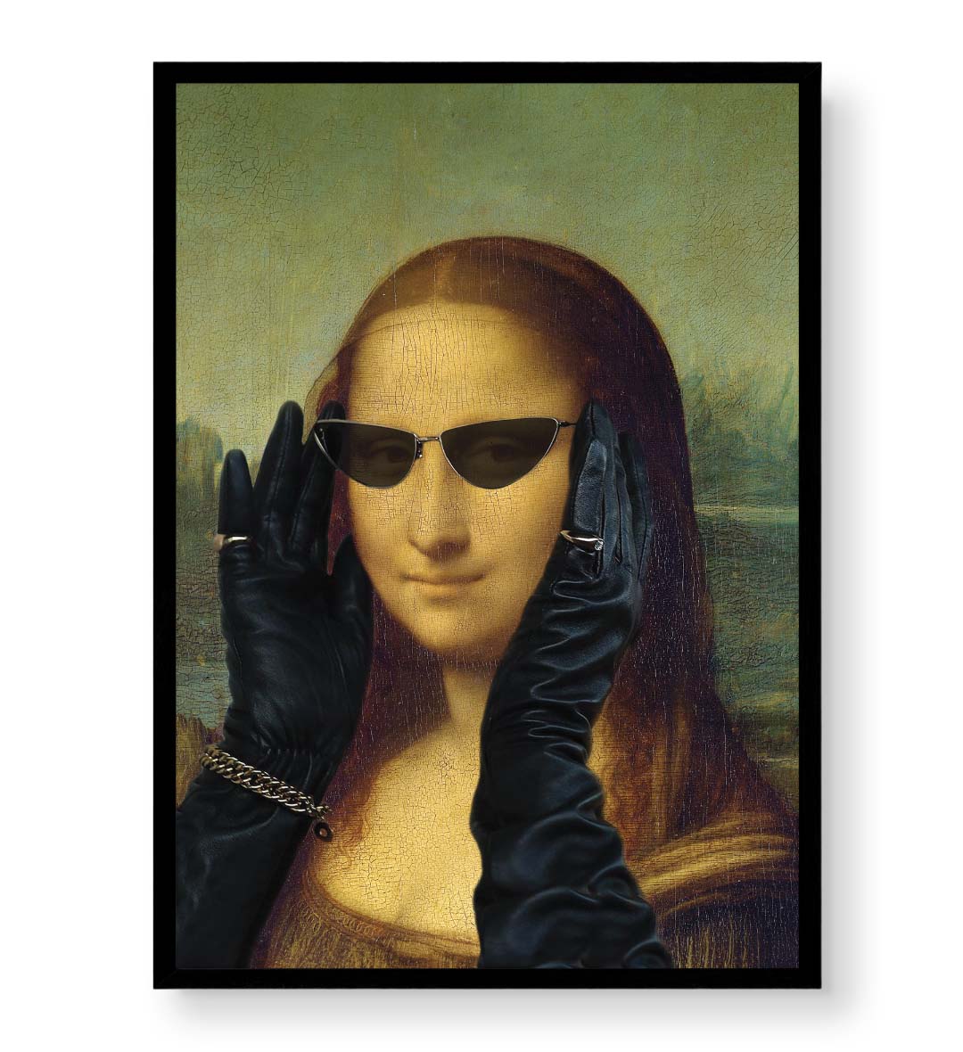 Mona Lisa in Vogue with modern sunglasses and leather gloves wall art for Indian home decor.