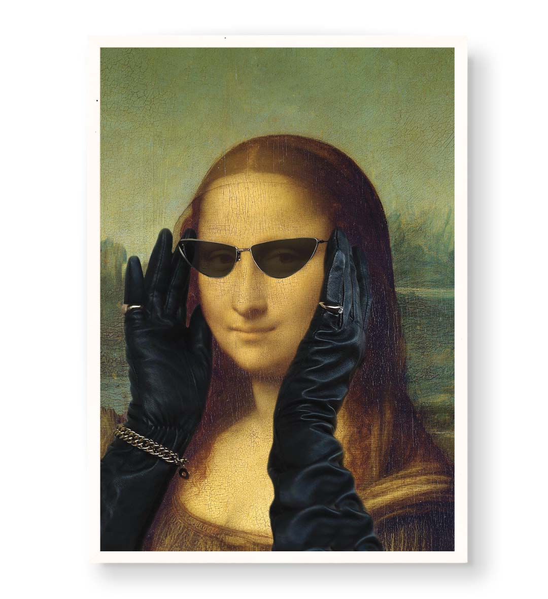 Mona Lisa in Vogue with modern sunglasses and leather gloves wall art for Indian home decor.