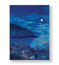 Traditional Japanese village rooftops overlooking a moonlit ocean canvas wall art.