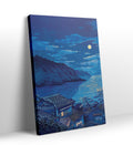 Detail of moonlight reflecting on the sea and blue tiled roofs.